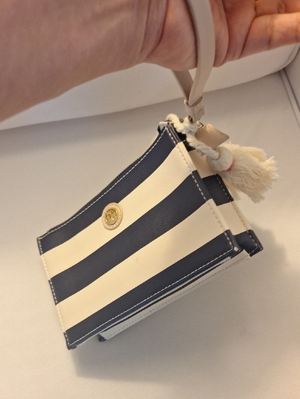 Gorgeous Spartina Striped Navy and White Leather Wristlet Pouch with Tassel - Picture 11 of 11